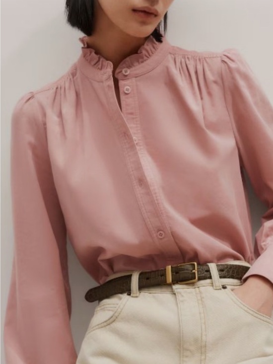 ME+EM Tops - ME+EM Micro Cord Super Soft Pink Ruffle-Neck Button-Front Shirt